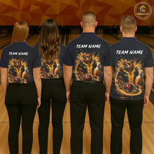 Load image into Gallery viewer,  Bowling team wearing custom black &amp; gold bear bee &amp; beer bowling shirts, group back view mockup with team name design.