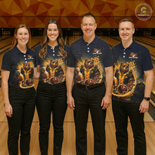 Load image into Gallery viewer, Bowling team wearing custom black &amp; gold bear bee &amp; beer bowling shirts, group front view mockup, personalized team jerseys.
