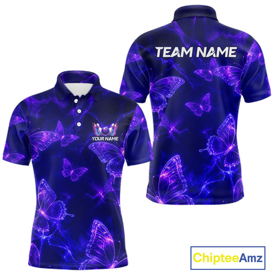 Custom short-sleeve polo shirt shown from the front and back on a white background. The shirt features a dark navy blue base with a vibrant purple and neon blue glowing butterfly pattern.