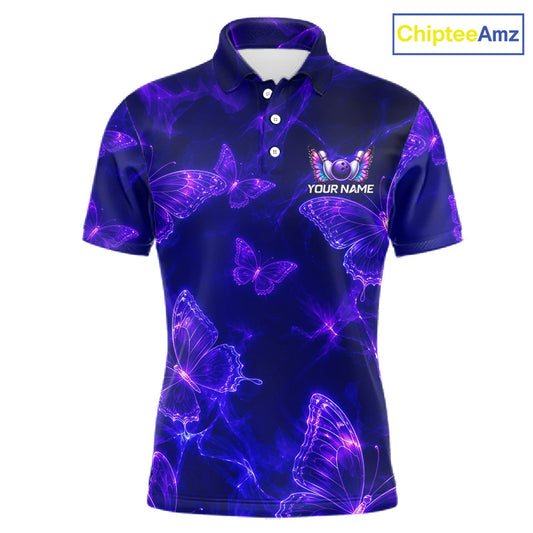 A short-sleeve polo shirt with a dark navy blue base covered in glowing purple neon butterfly patterns. It features a custom graphic on the left chest with a butterfly motif and the text 'YOUR NAME'.