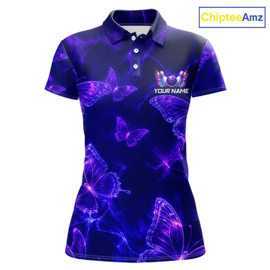 A women's short-sleeve polo shirt with a dark navy and purple neon butterfly print, featuring a customizable name graphic on the left chest. The ChipteeAmz logo is visible in the top right corner.