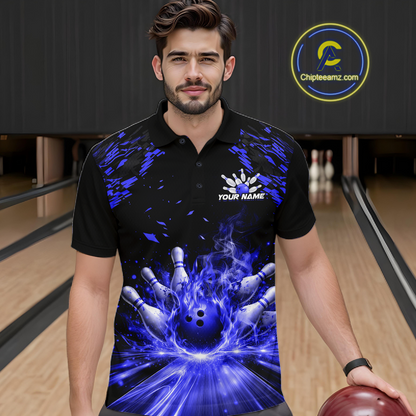 Custom Blue Flame Bowling Team Shirt for Men Polo & 1/4-Zip Bowling Jersey Bowling League Uniform QZT866