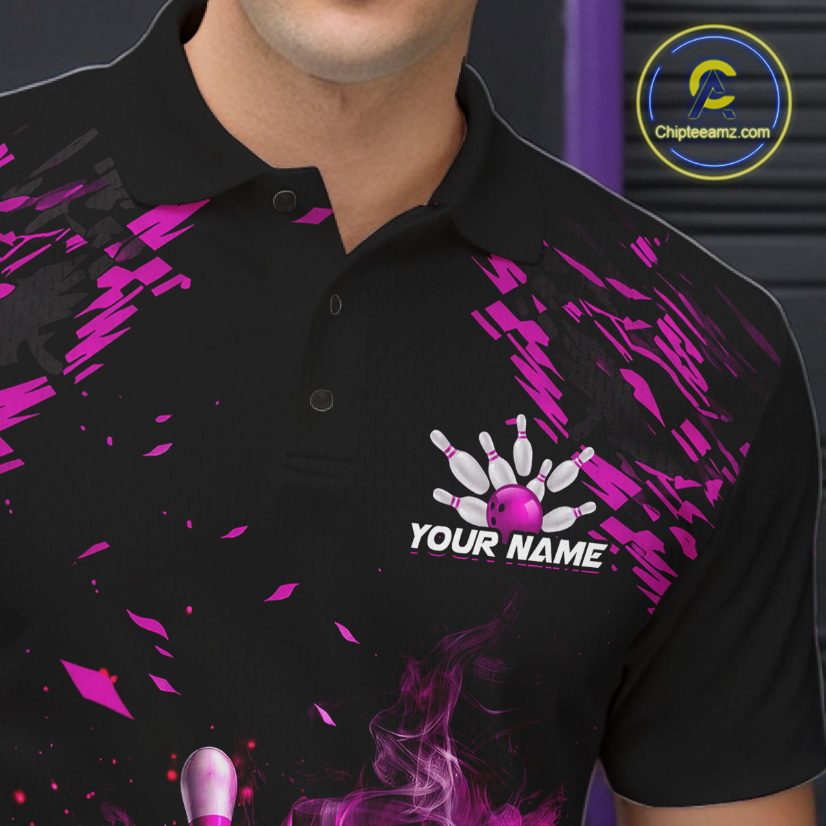 Custom Pink Flame Bowling Team Shirt for Men Polo & 1/4-Zip Bowling Jersey Bowling League Uniform QZT866