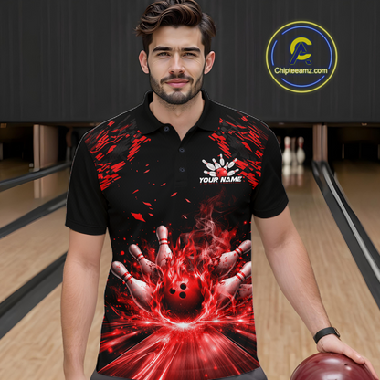 Custom Red Flame Bowling Team Shirt for Men Polo & 1/4-Zip Bowling Jersey Bowling League Uniform QZT866