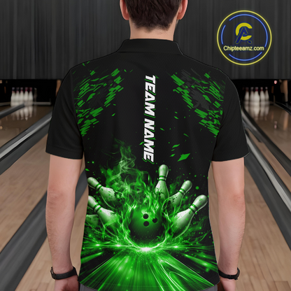 Custom Green Flame Bowling Team Shirt for Men Polo & 1/4-Zip Bowling Jersey Bowling League Uniform QZT866