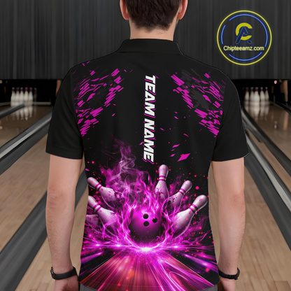 Custom Pink Flame Bowling Team Shirt for Men Polo & 1/4-Zip Bowling Jersey Bowling League Uniform QZT866