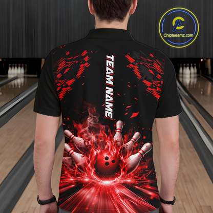 Custom Red Flame Bowling Team Shirt for Men Polo & 1/4-Zip Bowling Jersey Bowling League Uniform QZT866