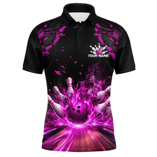 Custom Pink Flame Bowling Team Shirt for Men Polo & 1/4-Zip Bowling Jersey Bowling League Uniform QZT866