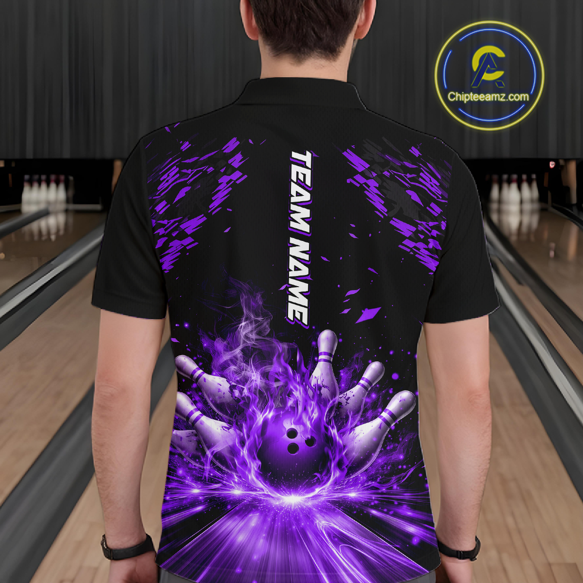 Custom Purple Flame Bowling Team Shirt for Men Polo & 1/4-Zip Bowling Jersey Bowling League Uniform QZT866