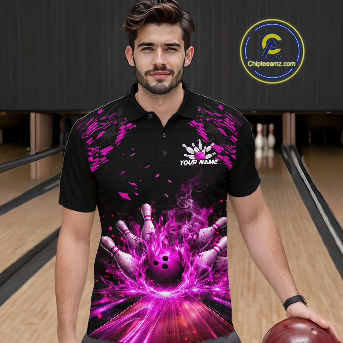 Custom Pink Flame Bowling Team Shirt for Men Polo & 1/4-Zip Bowling Jersey Bowling League Uniform QZT866
