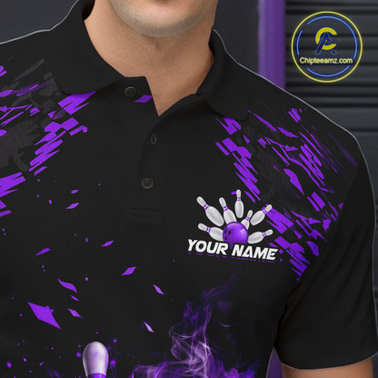 Custom Purple Flame Bowling Team Shirt for Men Polo & 1/4-Zip Bowling Jersey Bowling League Uniform QZT866