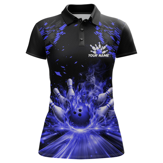 Custom Blue Flame Bowling Team Shirt for Women Polo & 1/4-Zip Bowling Jersey Bowling League Uniform QZT866