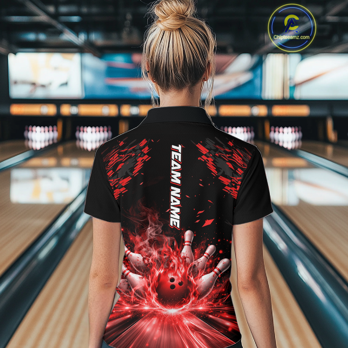 Custom Red Flame Bowling Team Shirt for Men Polo & 1/4-Zip Bowling Jersey Bowling League Uniform QZT866