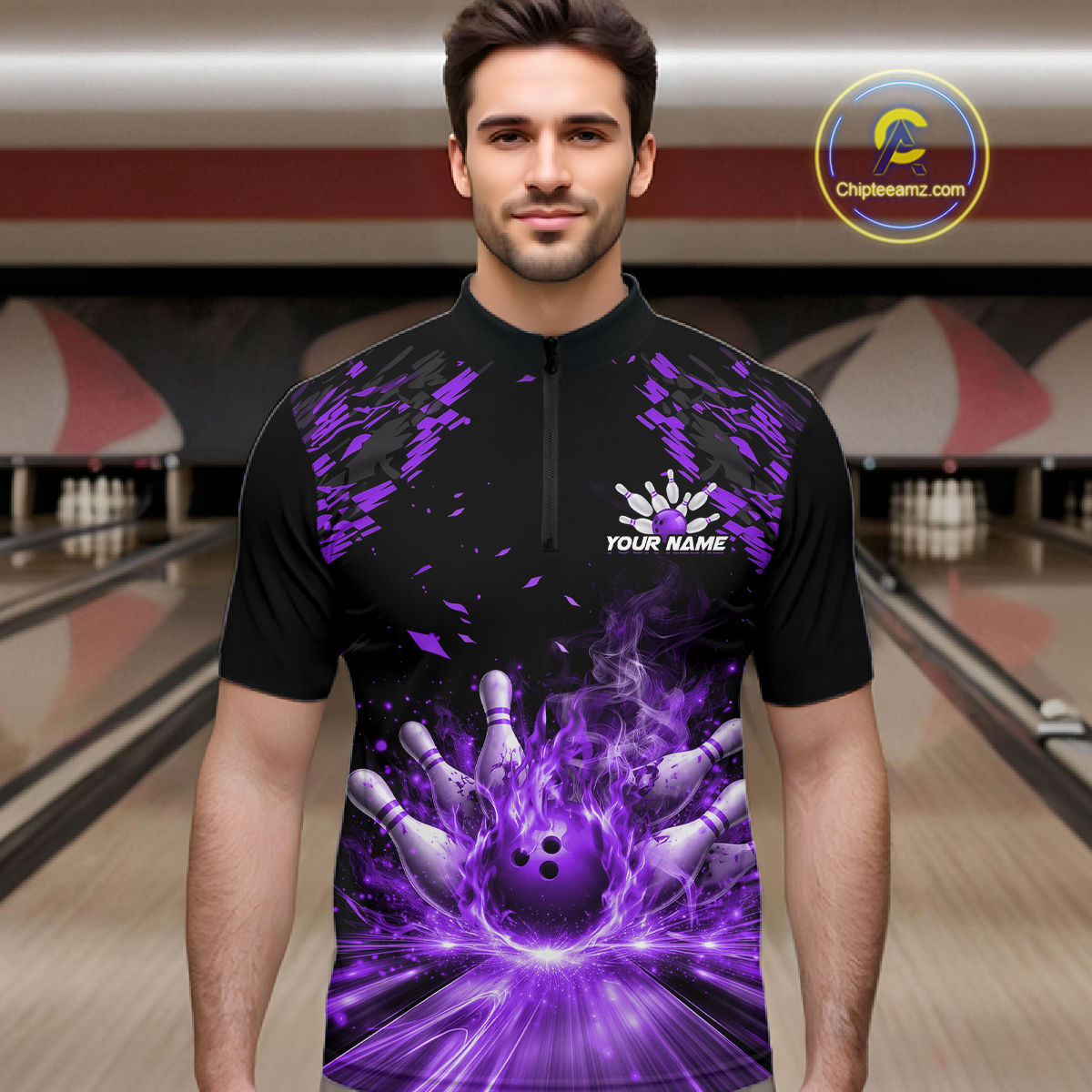 Custom Purple Flame Bowling Team Shirt for Men Polo & 1/4-Zip Bowling Jersey Bowling League Uniform QZT866