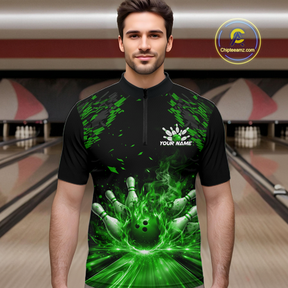 Custom Green Flame Bowling Team Shirt for Men Polo & 1/4-Zip Bowling Jersey Bowling League Uniform QZT866