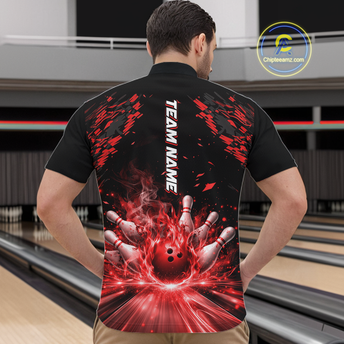 Custom Red Flame Bowling Team Shirt for Men Polo & 1/4-Zip Bowling Jersey Bowling League Uniform QZT866