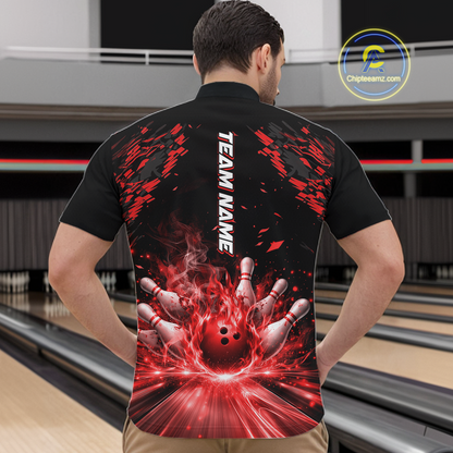 Custom Red Flame Bowling Team Shirt for Men Polo & 1/4-Zip Bowling Jersey Bowling League Uniform QZT866