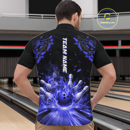 Custom Blue Flame Bowling Team Shirt for Men Polo & 1/4-Zip Bowling Jersey Bowling League Uniform QZT866