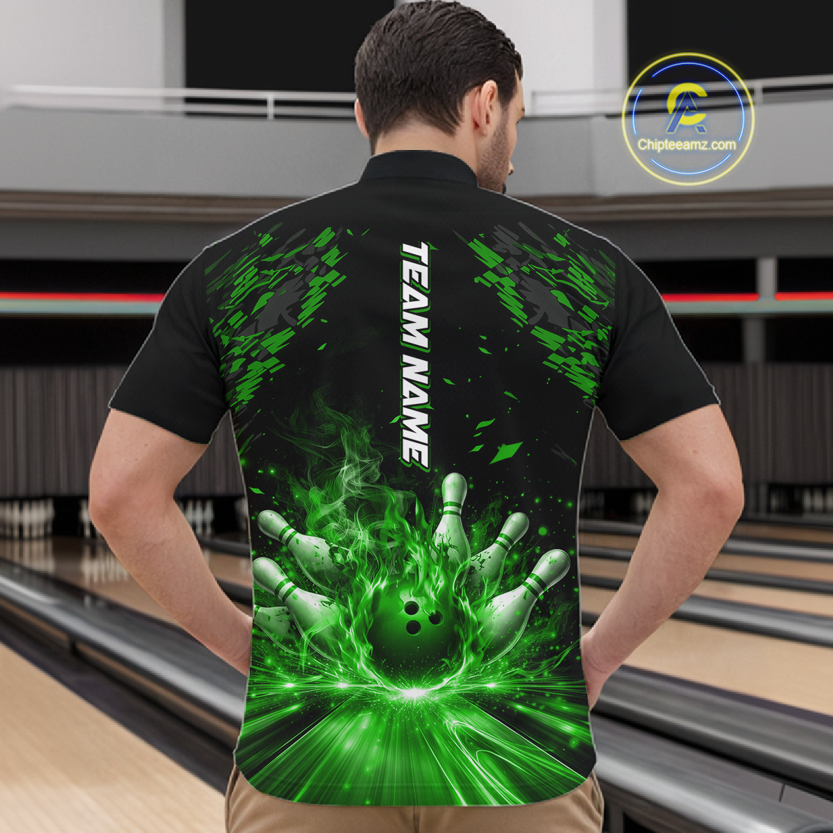 Custom Green Flame Bowling Team Shirt for Men Polo & 1/4-Zip Bowling Jersey Bowling League Uniform QZT866