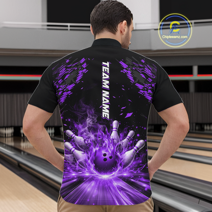 Custom Purple Flame Bowling Team Shirt for Men Polo & 1/4-Zip Bowling Jersey Bowling League Uniform QZT866