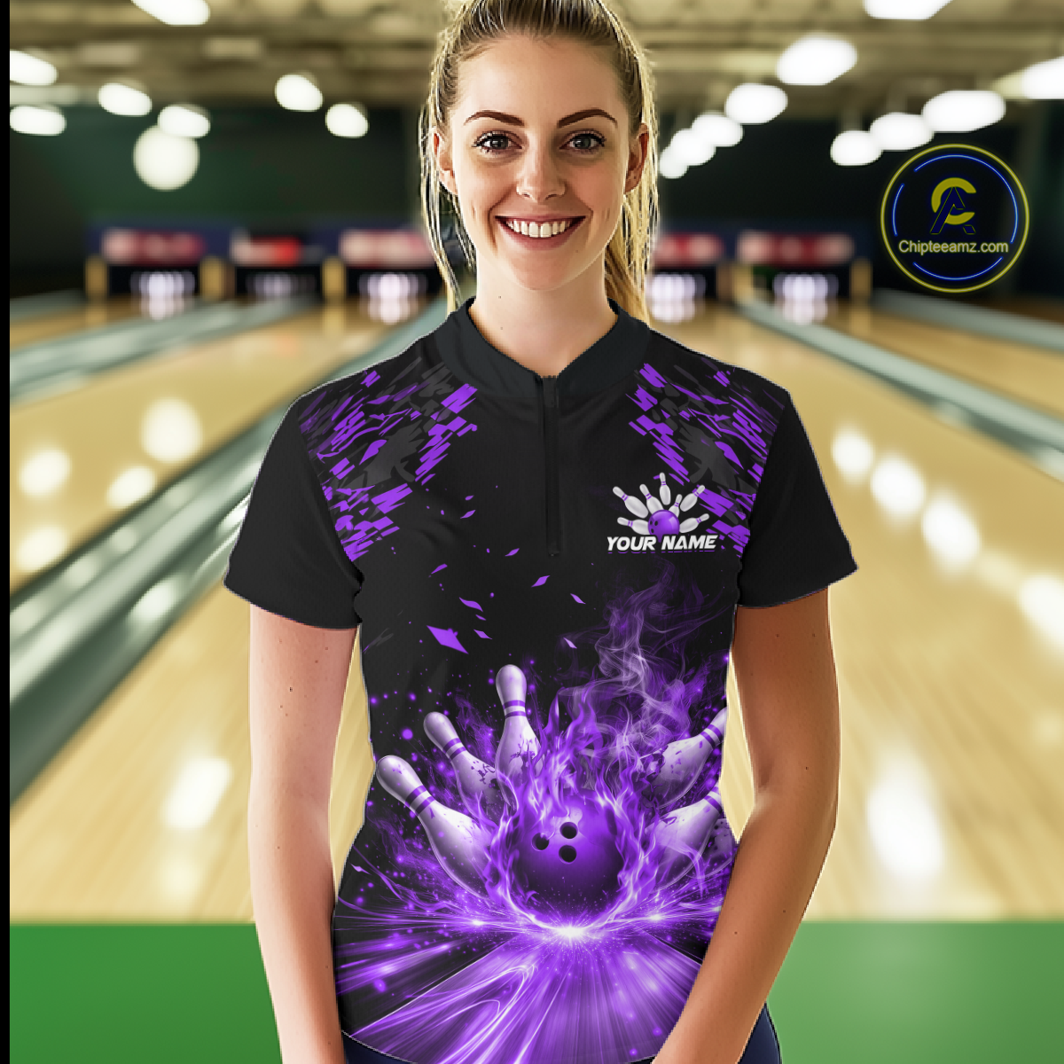 Custom Purple Flame Bowling Team Shirt for Men Polo & 1/4-Zip Bowling Jersey Bowling League Uniform QZT866