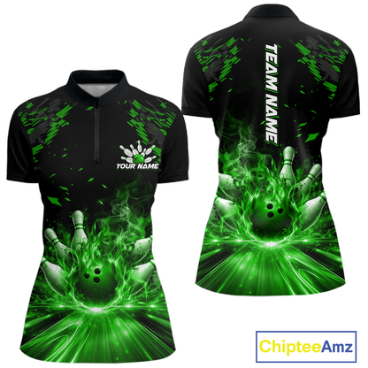 Custom Green Flame Bowling Team Shirt for Women Polo & 1/4-Zip Bowling Jersey Bowling League Uniform QZT866