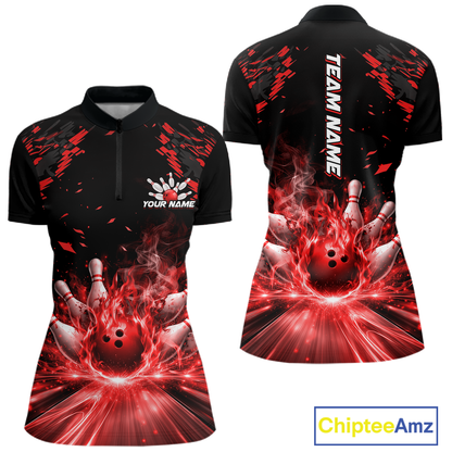 Custom Red Flame Bowling Team Shirt for Men Polo & 1/4-Zip Bowling Jersey Bowling League Uniform QZT866