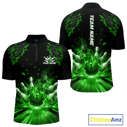 Custom Green Flame Bowling Team Shirt for Men Polo & 1/4-Zip Bowling Jersey Bowling League Uniform QZT866