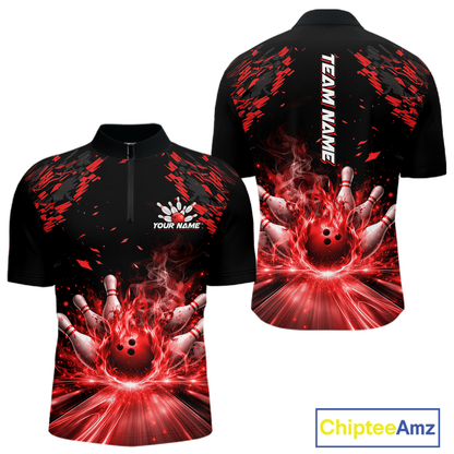Custom Red Flame Bowling Team Shirt for Men Polo & 1/4-Zip Bowling Jersey Bowling League Uniform QZT866