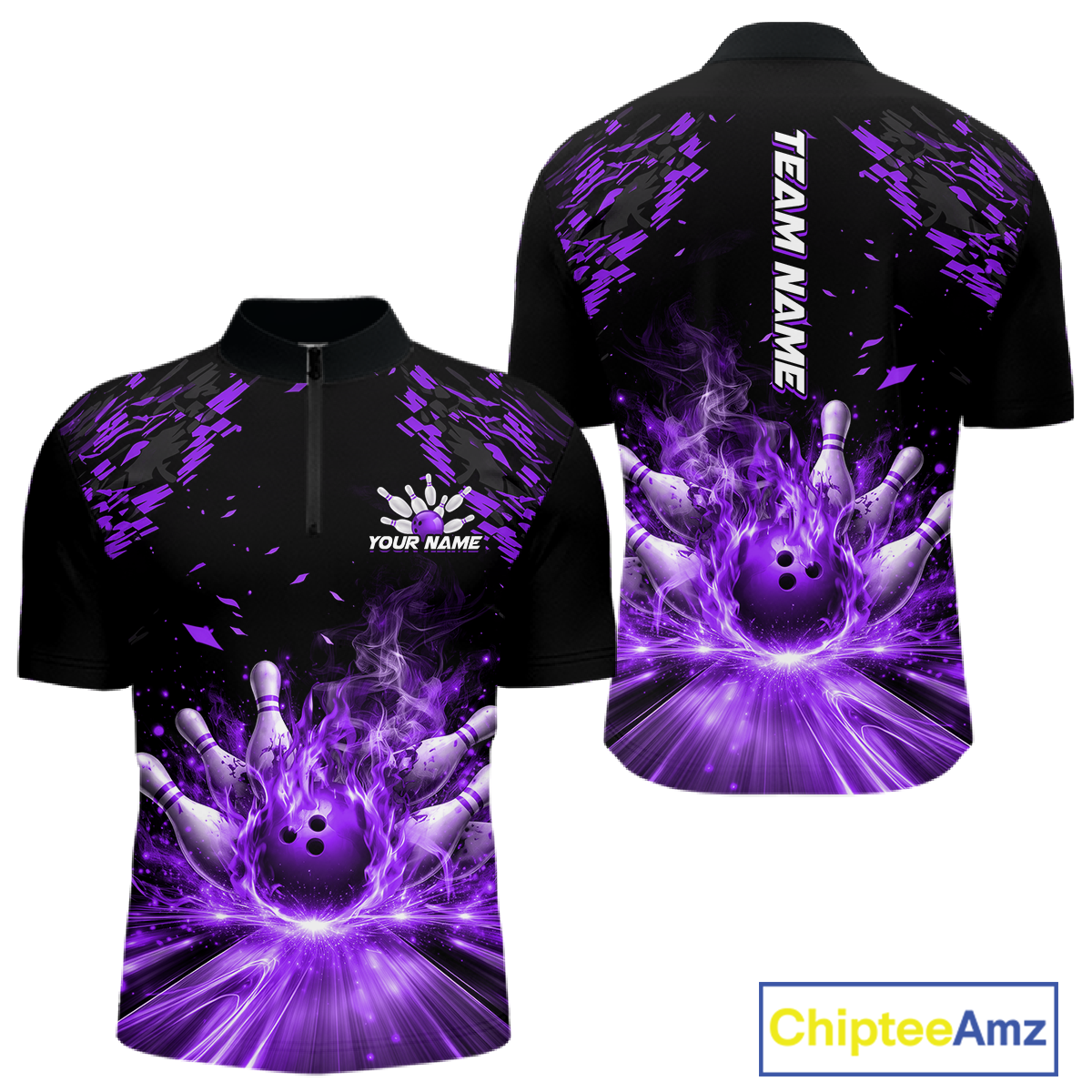 Custom Purple Flame Bowling Team Shirt for Men Polo & 1/4-Zip Bowling Jersey Bowling League Uniform QZT866
