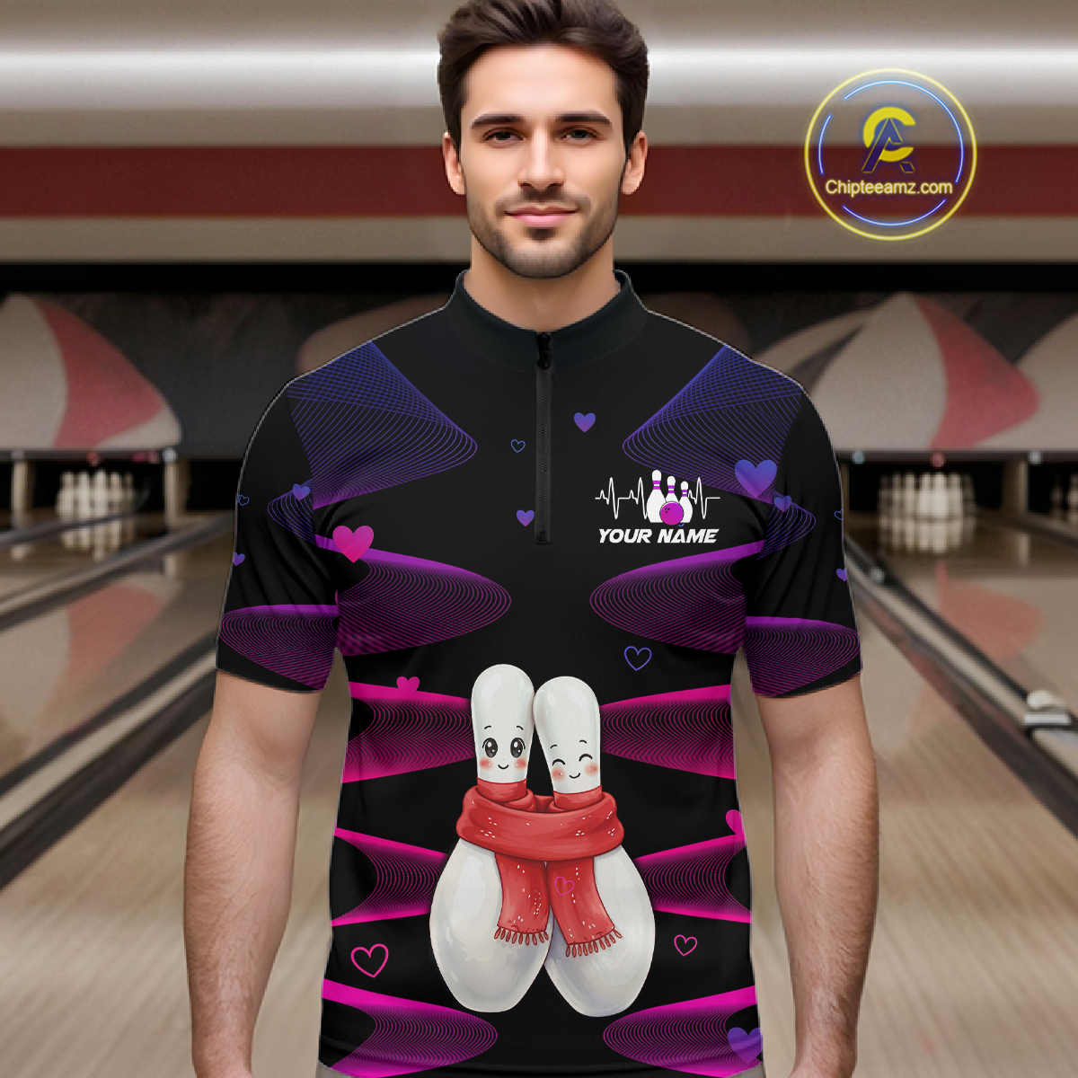 Personalized Valentine Bowling Shirt for Couples Bowling Jersey Pink Bowling Gift Polo & 1/4-Zip QZT870
