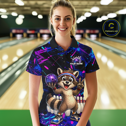 Custom Neon Funny Raccoon Bowling Team Jersey for Women Bowling Shirt Bowling Tournament Polo & 1/4-Zip QZT957