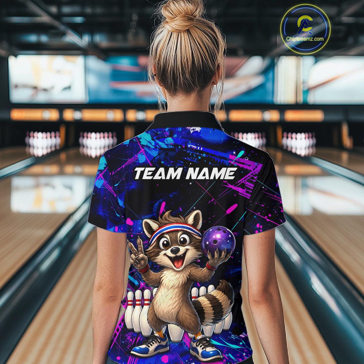 Custom Neon Funny Raccoon Bowling Team Jersey for Women Bowling Shirt Bowling Tournament Polo & 1/4-Zip QZT957