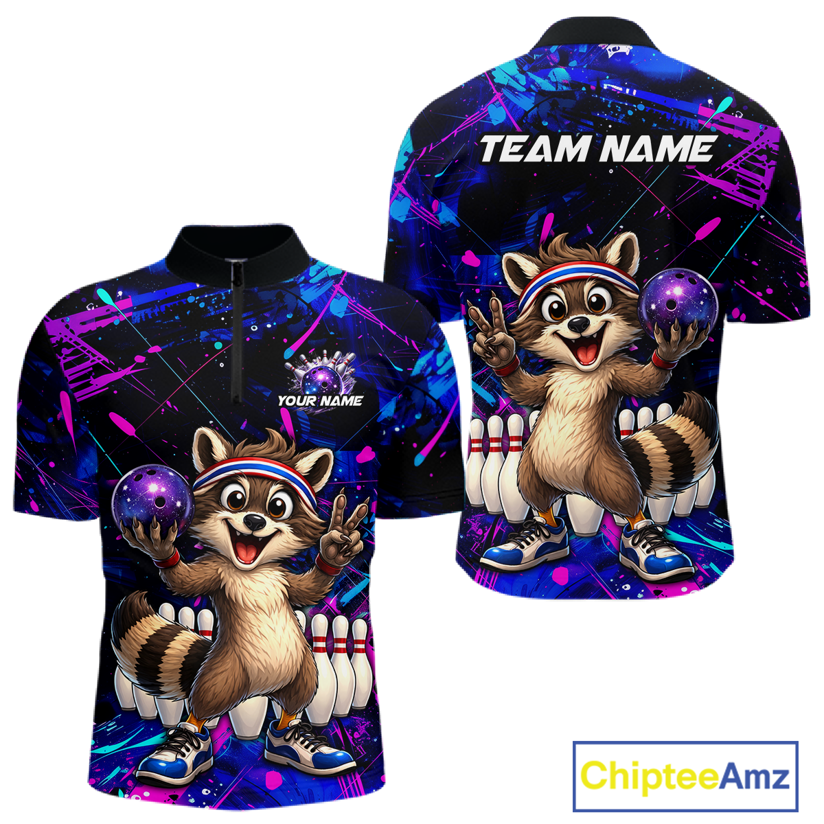 Custom Neon Funny Raccoon Bowling Team Jersey for Men Bowling Shirt Bowling Tournament Polo & 1/4-Zip QZT957