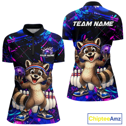 Custom Neon Funny Raccoon Bowling Team Jersey for Women Bowling Shirt Bowling Tournament Polo & 1/4-Zip QZT957