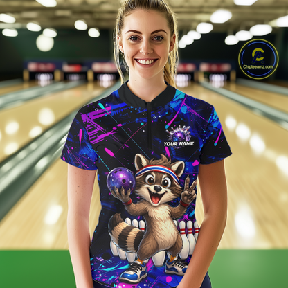 Custom Neon Funny Raccoon Bowling Team Jersey for Women Bowling Shirt Bowling Tournament Polo & 1/4-Zip QZT957