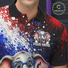 Load image into Gallery viewer, Close-up collar view of custom American Flag elephant bowling polo shirt with personalized name detail.