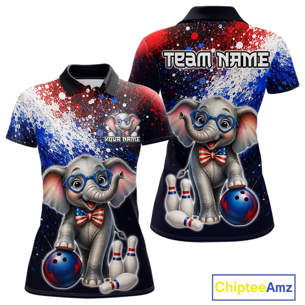 Custom American Flag elephant bowling polo shirt, front and back views, bowling league jersey for women