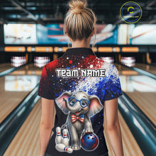Load image into Gallery viewer, Woman wearing custom American Flag elephant bowling polo shirt, back view mockup, personalized bowling league jersey.