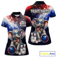 Load image into Gallery viewer, Custom American Flag elephant bowling polo shirt, front and back views, bowling league jersey for women