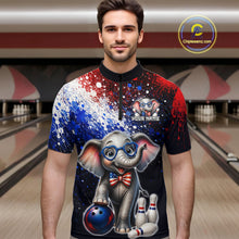 Load image into Gallery viewer, Man wearing custom American Flag elephant bowling 1/4 zip shirt, front view mockup, personalized bowling league jersey.