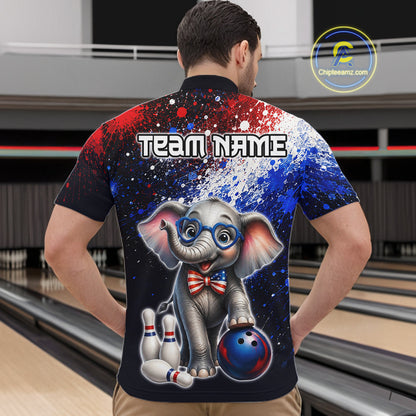 Man wearing custom American Flag elephant bowling 1/4 zip shirt, back view mockup, personalized bowling league jersey.