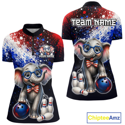 Custom American Flag elephant bowling quarter-zip shirt, front and back views, bowling league jersey for women