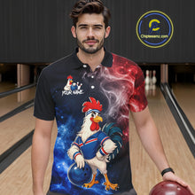 Load image into Gallery viewer, Man wearing custom American Flag smoke funny rooster bowling polo shirt, front view mockup, personalized bowling league jersey.