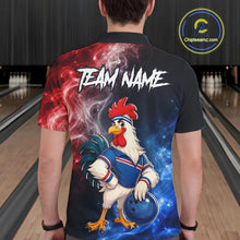 Load image into Gallery viewer, Man wearing custom American Flag smoke funny rooster bowling polo shirt, back view mockup, personalized bowling league jersey.