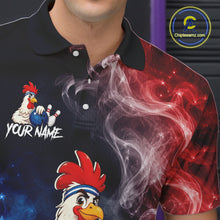 Load image into Gallery viewer, Close-up collar view of customAmerican Flag smoke funny rooster bowling polo shirt with personalized name detail.