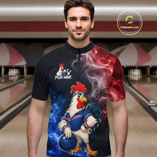 Load image into Gallery viewer, Man wearing custom American Flag smoke funny rooster bowling 1/4 zip shirt, front view mockup, personalized bowling league jersey.