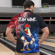 Load image into Gallery viewer, Man wearing custom American Flag smoke funny rooster bowling 1/4 zip shirt, back view mockup, personalized bowling league jersey.