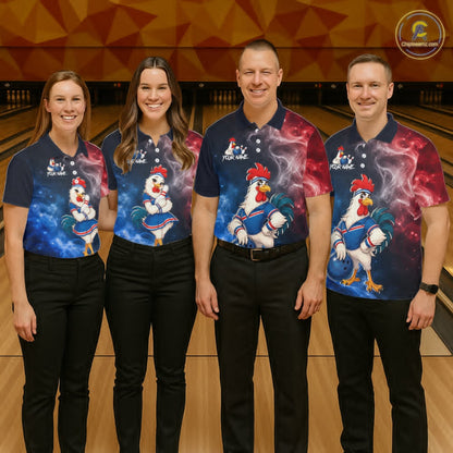 Four people wearing matching bowling shirts with a rooster and hen design on a bowling alley.