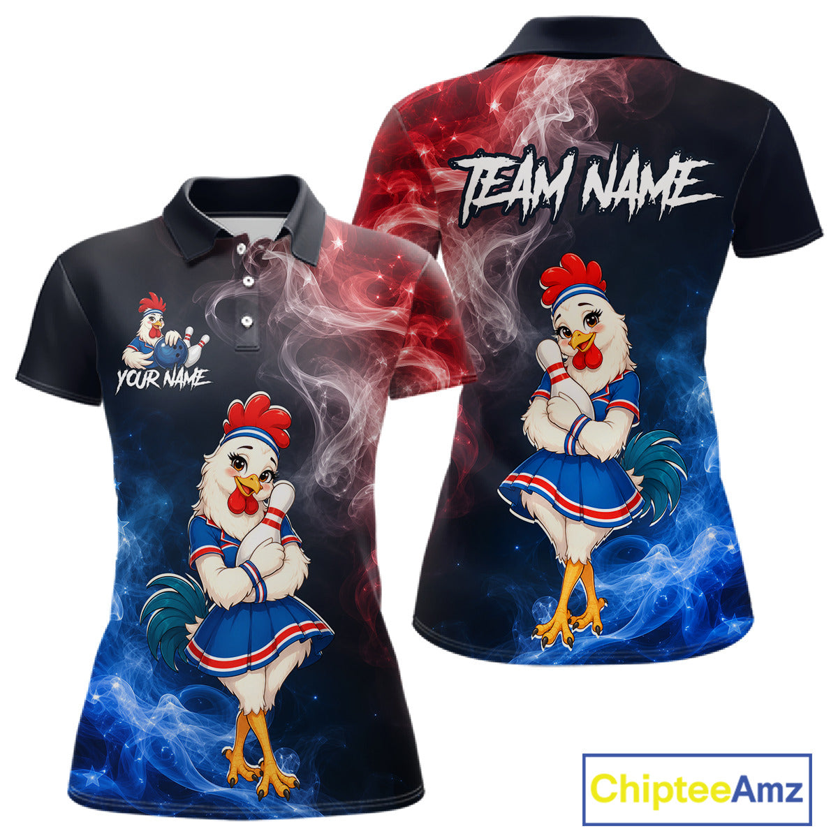 Custom American Flag smoke funny rooster bowling polo shirt, front and back views, bowling league jersey for women